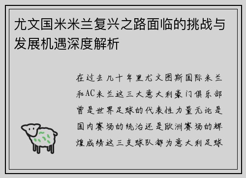 尤文国米米兰复兴之路面临的挑战与发展机遇深度解析
